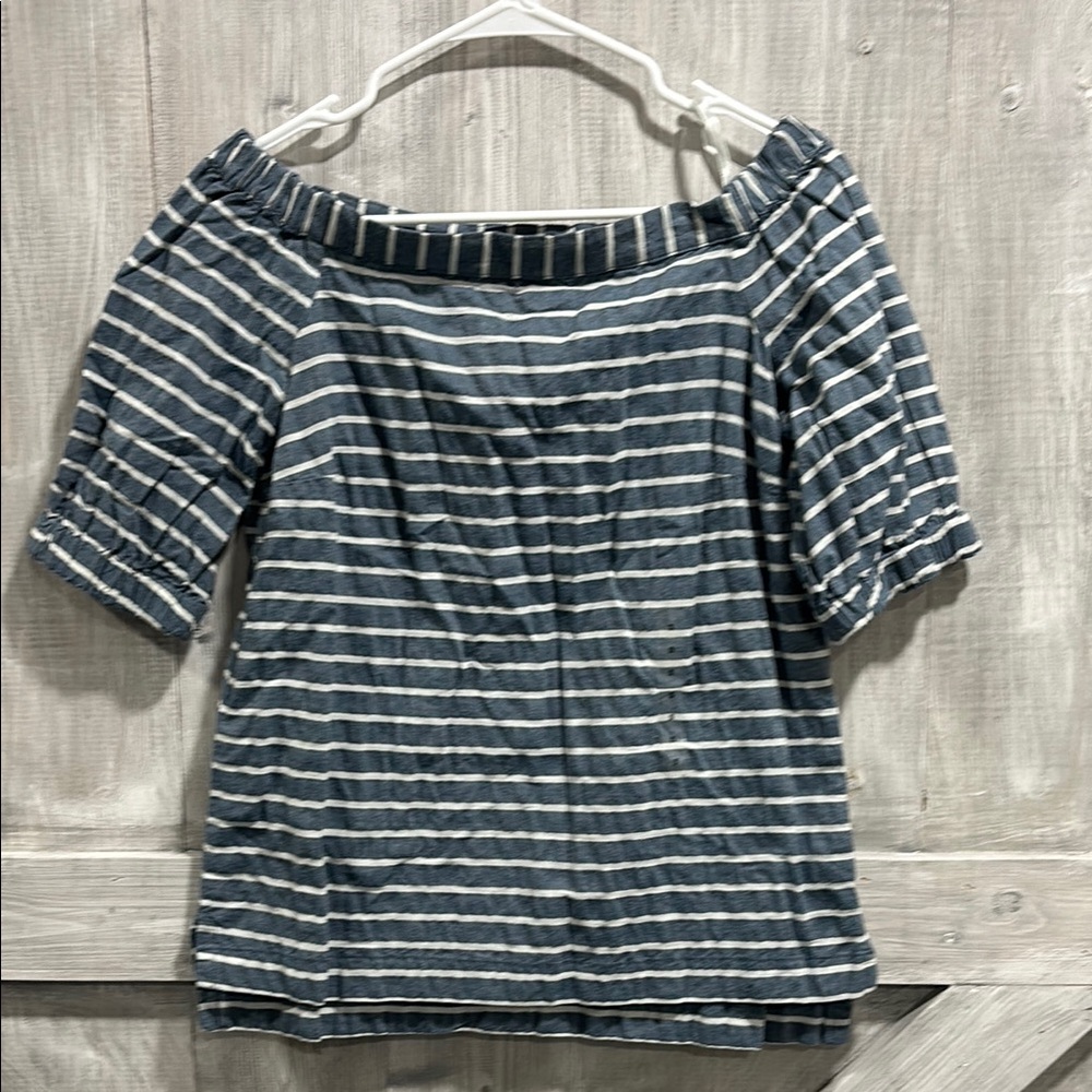 Lauren Ralph Lauren S blue white stripe linen cotton boatneck blouse S1 New!